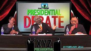 In this screengrab, three puppets debate one another on The XYZ Show's presidential debate, which aired in February.
