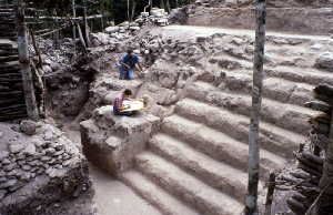 North face of the Jaguar Paw Temple, in the Tigre Complex at El Mirador, Guatemala, showing the east mask, stairway, and upper landing during excavations by Project El Mirador. Most of the Preclassic turkey bones were associated with this building.