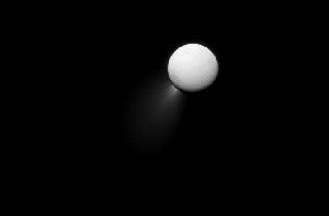 Enceladus shows off its plume to NASA's Cassini spacecraft cameras.