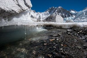 Water forms under Nepal's Khumbu glacier as the ice melts.