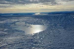 A surface or 'supraglacial' lake on the Greenland Ice Sheet. (Photo by Konrad Steffen)
