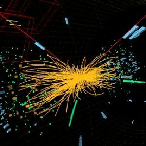 A reconstructed particle collision in the CMS detector of the LHC.
