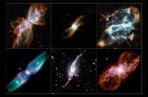 A selection of planetary nebulae as observed by Hubble. Top row (left to right): NGC 6302, NGC 6881, NGC 5189. Bottom row: M2-9, Hen 3-1475, Hubble 5