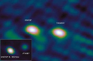 Radio images of the triple supermassive black holes system J1502P/SE/SW in the galaxy SDSS J150243.09+1111557.3 and its binary component. Image credit: R.P.Deane et al.