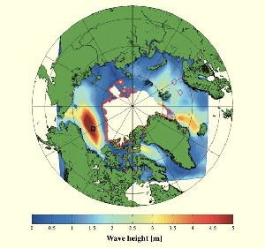 Example wave model hindcast during the September 2012 storm in Arctic Ocean; the map is centered on the North Pole; the color scale indicates significant wave height from 0 to 5 m. Image credit: Jim Thomson / W. Erick Rogers.