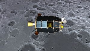 An artist's concept of NASA's Lunar Atmosphere and Dust Environment Explorer (LADEE) spacecraft seen orbiting near the surface of the moon.