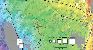 A WHOLE LOT OF SHAKING &nbsp;In 2009, a series of earthquakes (red dots), part of the Jones swarm, rattled Oklahoma. Dumping wastewater into disposal wells (white squares) may have boosted pressure at faults (black lines), triggering the quakes.