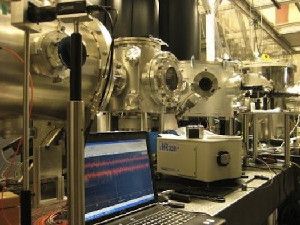 2 GeV Tabletop Accelerator In comparison to the conventional 2 GeV accelerators which span two football fields, the tabletop accelerator built by physicists at The University of Texas Austin accelerates electrons over a distance of about one inch. Courtesy of Rafal Zgadzaj