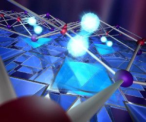 In this illustration, a single layer of superconducting iron selenide (balls and sticks) has been placed stop another material known as STO for its main ingredients selenium, titanium and oxygen. The STO is shown as blue pyramids, which represent the arrangement of its atoms. A study at SLAC found that when natural vibrations (green glow) from the STO move up into the iron selenide film, electrons in the film (white spheres) can pair up and conduct electricity with 100 percent efficiency at much higher temperatures than before. The results suggest a way to deliberately engineer superconductors that work at even higher temperatures.