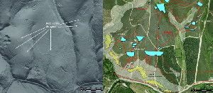 These are ancient goldmines in the Eria river valley, with channels and reservoirs for exploitation. The model generated with LiDAR data (left) allows these structures to be located on aerial photos (right).