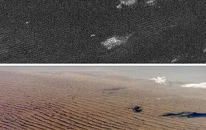 Cassini radar sees sand dunes on Saturn's giant moon Titan (upper photo) that are sculpted like Namibian sand dunes on Earth (lower photo). The bright features in the upper radar photo are not clouds but topographic features among the dunes.