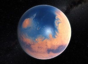This artist's impression shows how Mars may have looked about four billion years ago. The young planet Mars would have had enough water to cover its entire surface in a liquid layer about 140 metres deep, but it is more likely that the liquid would have pooled to form an ocean occupying almost half of Mars's northern hemisphere, and in some regions reaching depths greater than 1.6 kilometres.