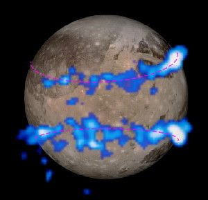 Observation of Aurorae on Ganymede. NASA's Hubble Space Telescope observed a pair of auroral belts encircling the Jovian moon Ganymede. The belts were observed in ultraviolet light by the Space Telescope Imaging Spectrograph and are colored blue in this illustration. They are overlaid on a visible-light image of Ganymede taken by NASA's Galileo orbiter. The locations of the glowing aurorae are determined by the moon's magnetic field, and therefore provide a probe of the moon's interior, where the magnetic field is generated. The amount of rocking of the magnetic field, caused by its interaction with Jupiter's own immense magnetosphere, provides evidence that the moon has a subsurface ocean of saline water.
