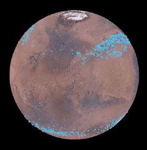 Mars distinct polar ice caps, but Mars also has belts of glaciers at its central latitudes -- between the blue lines, in both the southern and northern hemispheres. A thick layer of dust covers the glaciers, so they appear as the surface of the ground, but radar measurements show that there are glaciers composed of frozen water underneath the dust.