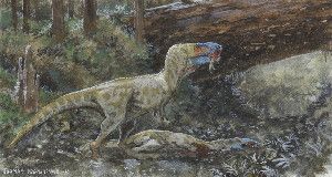 Tyrannosaurs, shown in this artist&rsquo;s illustration, both hunted for food and scavenged, which is probably how bite marks ended up on the skull of a young Daspletosaurus unearthed at Canada&rsquo;s Dinosaur Provincial Park.