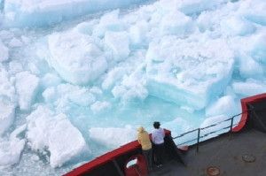 Scientists watched from the deck of the Healy as it cut a path through thick multiyear ice on July 6, 2011.