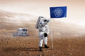 Artist's conception of an astronaut planting the International Flag of Earth on Mars.