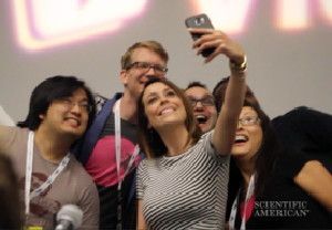 YouTube star Hank Green poses for a selfie with fans at VidCon 2015.