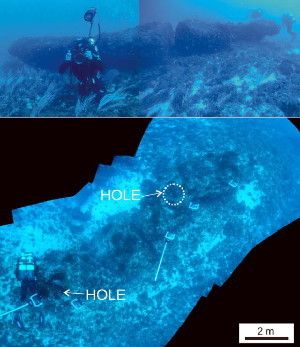 Underwater composite photographs taken from divers, showing the discovered monolith and some details. Top: full lateral view. Bottom: full view from above. Image credit: Emanuele Lodolo / Zvi Ben-Avraham.