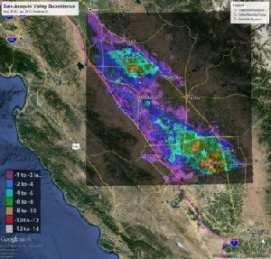Total subsidence in California's San Joaquin Valley for the period May 3, 2014 to Jan. 22, 2015, as measured by Canada's Radarsat-2 satellite. Two large subsidence bowls are evident, centered on Corcoran and south of El Nido.