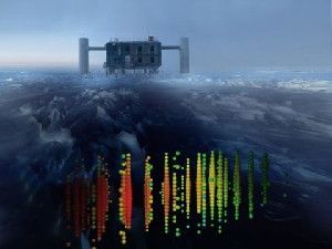 This is one of the highest-energy neutrino events from a survey of the northern sky superimposed on a view of the IceCube Lab at the South Pole.