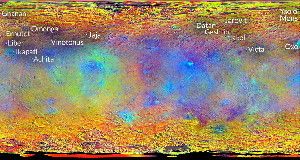 COVERED WITH CROPS &nbsp;This false-color map of Ceres obtained by the Dawn spacecraft highlights the dwarf planet’s newly named features and its changing mineral composition. Red marks places that strongly reflect infrared light whereas blue regions reflect shorter wavelengths.