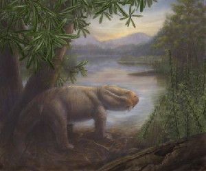 A Late Permian scene features one of that period's famed extinction survivors, Lystrosaurus. Scene by Marlene Hill Donnelly.