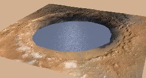 Rocks sampled by the Curiosity rover suggest that Gale Crater once contained liquid water lakes that endured for potentially thousands of years at a time, shown in this artist’s illustration.