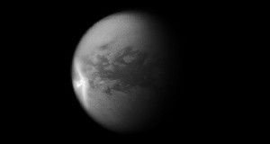WEATHER ADVISORY  A 1,200-kilometer-wide storm blowing across Titan, seen in this 2010 image from the Cassini spacecraft, might be similar to squalls on Earth, new research suggests.