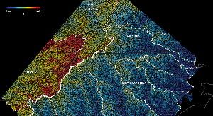 RUNNING WATERS &nbsp;When a value called χ varies across watershed boundaries, as it does along the crest of the Blue Ridge Mountains (thick white line), the river networks are still evolving and the ridge is shifting, a new study shows.