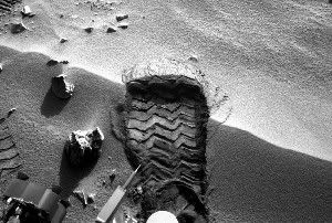 Image Caption: NASA's Mars rover Curiosity cut a wheel scuff mark into a wind-formed ripple at the 'Rocknest' site to give researchers a better opportunity to examine the particle-size distribution of the material forming the ripple. The rover's right Navigation camera took this image of the scuff mark on the mission's 57th Martian day, or sol (Oct. 3, 2012), the same sol that a wheel created the mark. For scale, the width of the wheel track is about 16 inches (40 centimeters). Image Credit: NASA/JPL-Caltech
