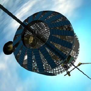 A LONG CLIMB: An artist's conception shows a climber pod ascending a space elevator's tether to deploy a satellite.