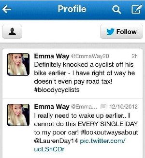 A screen capture shows a tweet sent by Emma Way after she was involved in a collision Sunday. She has apologized for the incident.