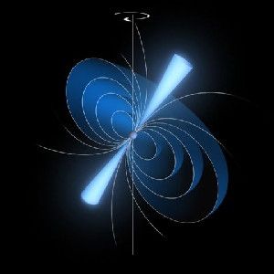 An artist's illustration of the pulsar PSR B0943+10, a spinning star 3,000 light-years from Earth that shifts between beaming out X-rays and radio waves.